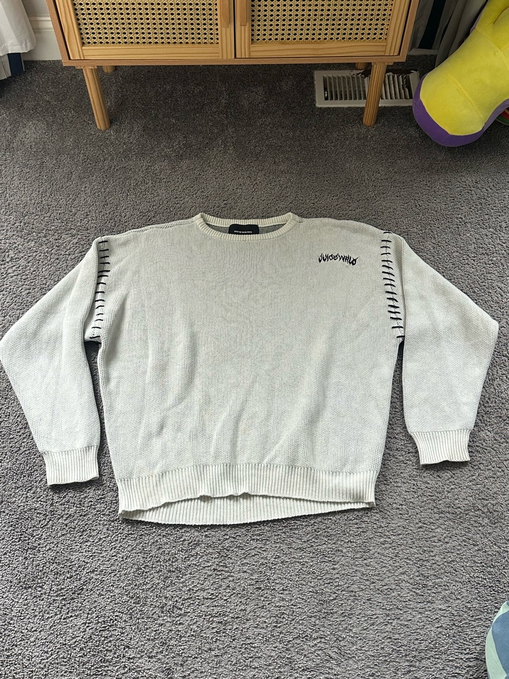 Juice Wrld x Rose in Good Faith Men's Sweater Light Gray Black Stitch Detail